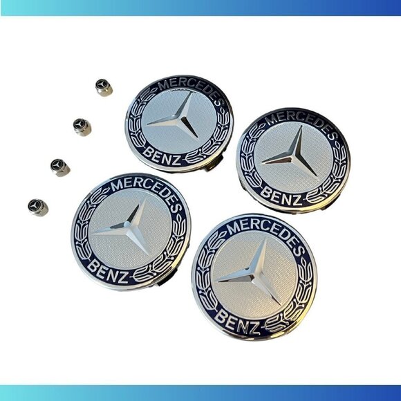 MERCEDES BENZ 75MM Dark Blue Wheel Center + TIRE Silver Caps - Picture 1 of 2